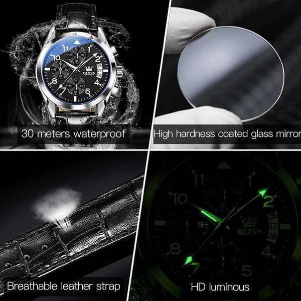 Herre Chronograph Quartz Selvlysende Pointer Rustfritt Stål Vanntett Klokke (Svart)