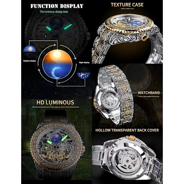 Retro Klocka Utskuren Självuppdragande Mekanisk Tatuering Tourbillon Månfas Oberoende Sekunder Skelett Automatisk Stor Urtavla Armbandsur