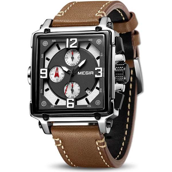 MEGIR Herr Analog Armé Militär Kronograf Lysande Kvarts Klocka med Mode Läderrem för Sport & Affärsarbete ML2061G