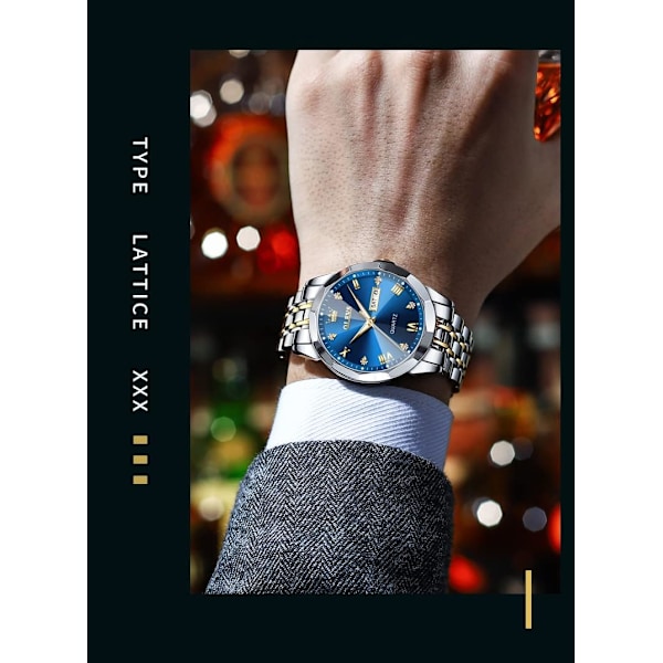 Klocka för män Diamant business dress Analog kvarts rostfritt stål vattentät självlysande datum tvåfärgad lyxig vardagsklocka
