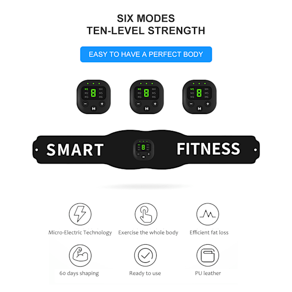 6 tilstande Mag- midjetrimmer Ab-muskelstimulatorbælte Mave- og mavetræning Toning Massager trænerbælte