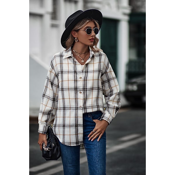 Ruudullinen pitkähihainen paita naisille Button Down villasekoitus ohut takki Casual pusero taskulla white white M