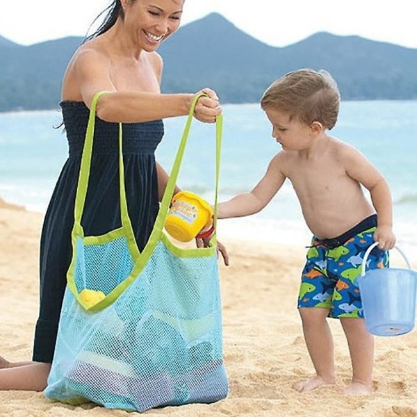 Barn Sand Away Protable Mesh Bag Barn Strandleker Klær Håndkleveske Babylekeoppbevaring Diverse Vesker Dame Kosmetisk respekteras Green Handle Blue