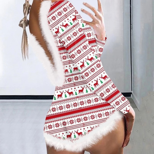 Onesie pyjamas for kvinner Sexy juletrykt V-hals Ryggløs Bodycon Jumpsuit Xmas Varm rød stripe Reinsdyr Voksne Natttøy Klassisk og komfortabelt LARGE SIZE White XXL