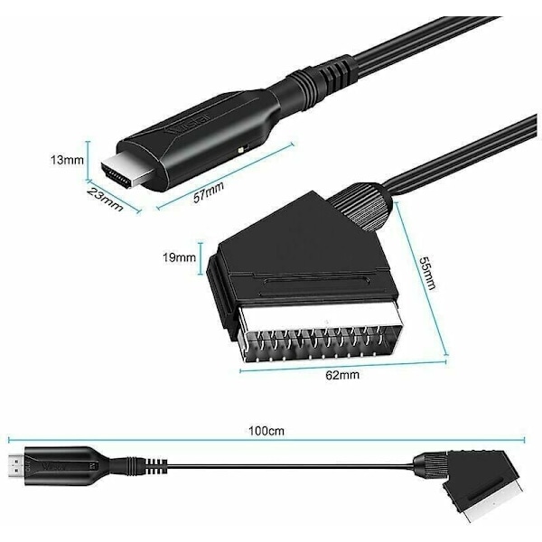 Scart-omvandler til HDMI Video Lyd Adapter for HDTV/DVD/Dekoder/PS3/PAL/NTSC