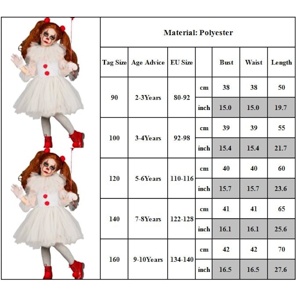 Barn Clown Kjole Kostyme Tutu Halloween Cosplay Jente 90cm 100cm