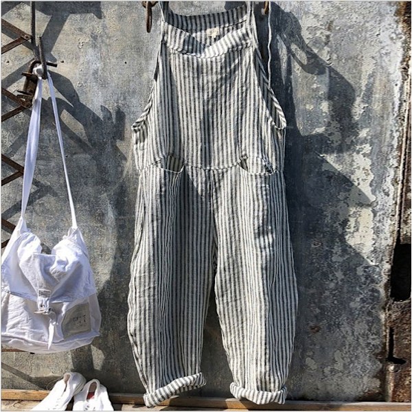 Dam Bomull Linne Randig Jumpsuit Dungarees Playsuit Overall red red M