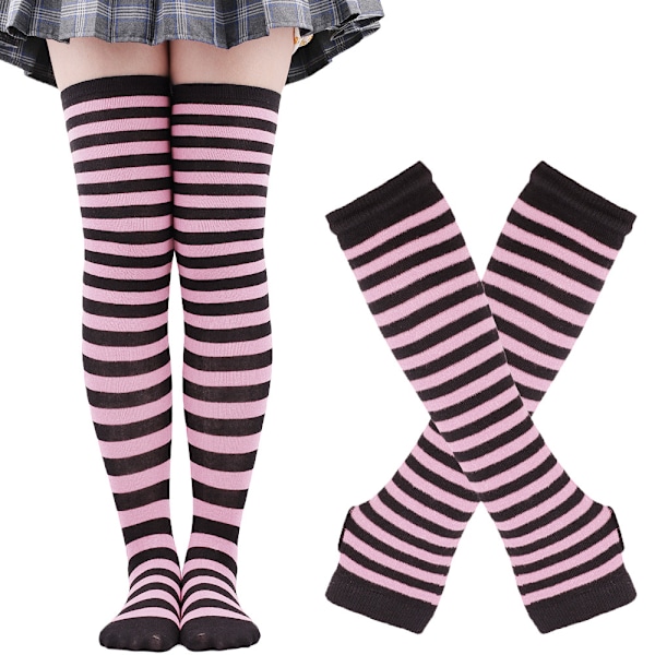 Pitkät neulotut lapaset polvikorkeat raidalliset sukat leggingsit juhla-asu tarvikkeet 2 parin setti, musta ja violetti, One Size pinkki pink