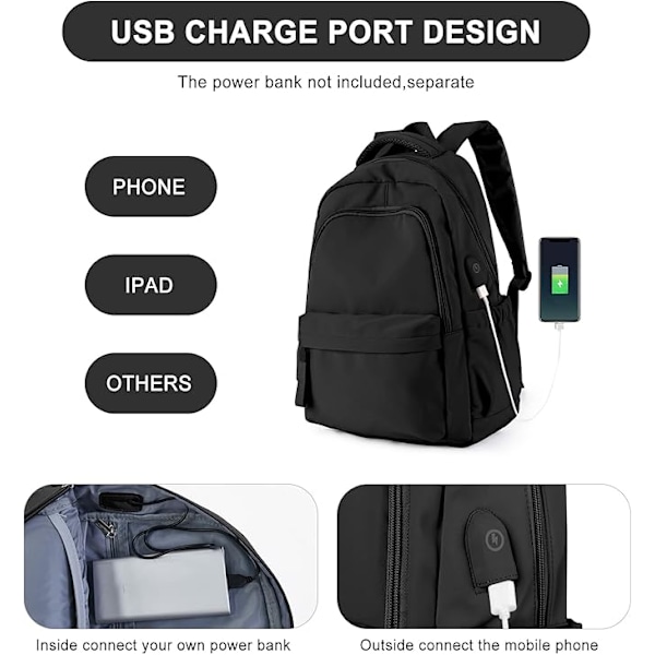 Kannettava tietokone -reppu, vedenpitävä kannettava tietokone -reppu 14 tuuman USB-latauskoululaukulla Black