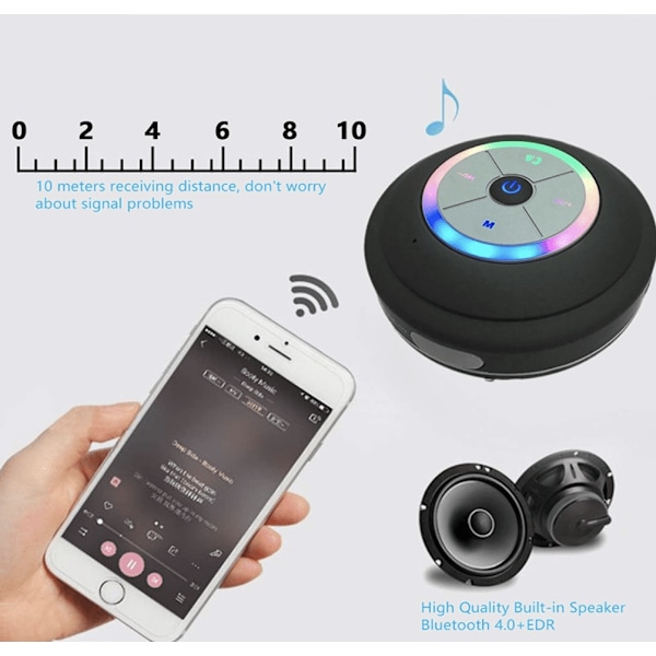 Vanntett LED Dusj Høytaler Bluetooth Svart