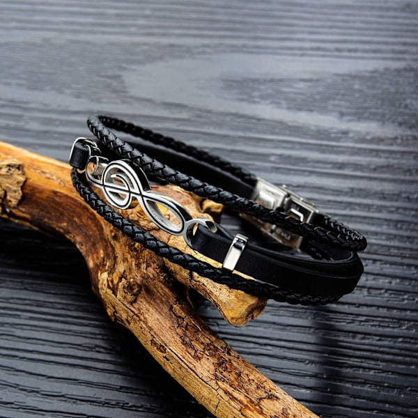 Herre Læder Manchet Armbånd Sort Brun Flerlags Flettet Reb Guitar Diskantnøgle Musik Node Smykker Armbånd Justerbar