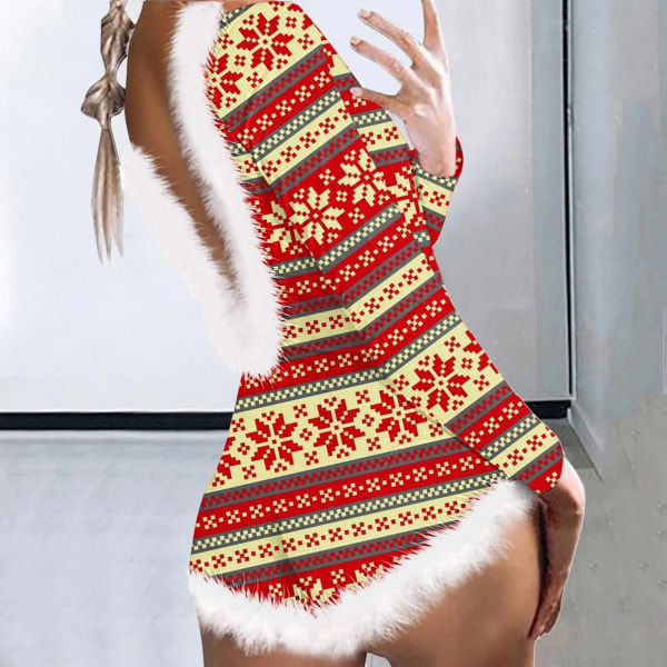 Naisten Onesie-pyjamat Sexy Christmas Printed V kaula Selkänojaton Bodycon Jumpsuit Xmas Lämmin Red Stripe Poro Aikuisten Yöasut Klassiskt och bekvämt C RED XL