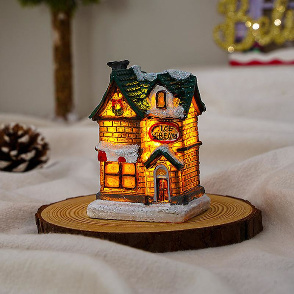 Juleharpikshusformet ornament,harpiksjulehus skrivebordspynt dekorasjon med led lys julepynt til hjemmekontor G