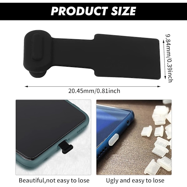 3-pack dammpluggar för USB C typ C-port, silikondammpluggar för telefon typ C, dammpluggar med avtagbart lim, svart