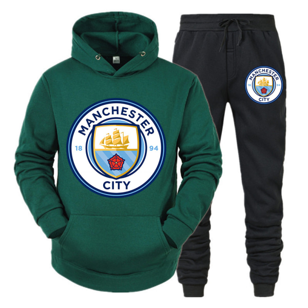 Manchester City hættetrøje Nyt holdtryk herre afslappet sweatshirt træningsdragt todelt plus fleecejakke mörkgrön L