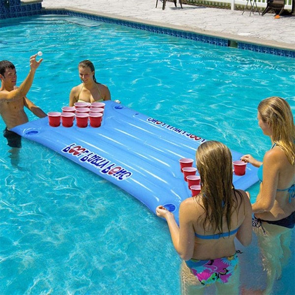 Oppustelig Pool Party Flydemadras Multifunktionel Beer Pong Luftmadras Oppustelig Beer Pong Bord til Strand Swimmingpool Camping