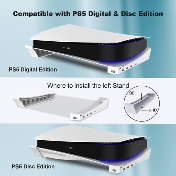 Horisontalt stativ for PS5, PS5-tilbehør basestasjon med 4 USB