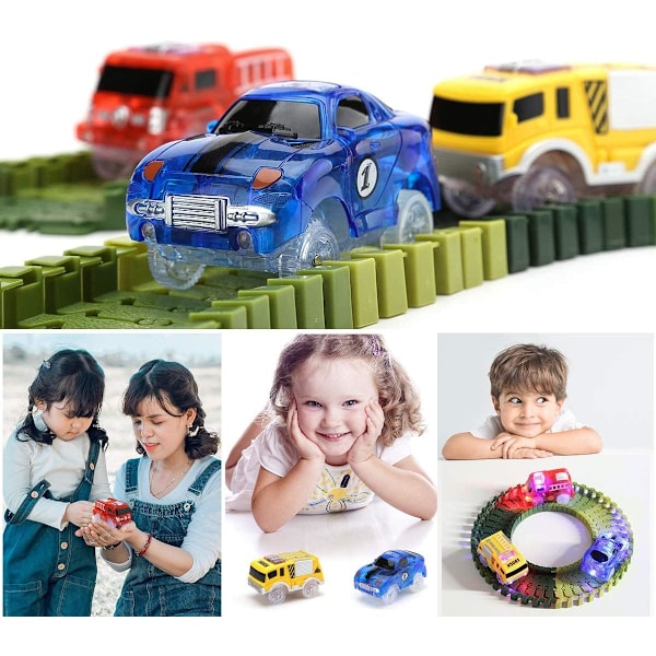3 kpl maagisia rata-autoleluja lapsille, 5 LED-salamavaloa Förpackning 3