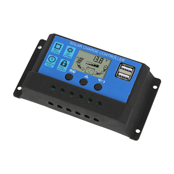 Solcelleladningsregulator 30A Solpanelregulator Dobbel USB-utgang for 12V/24V solpaneler