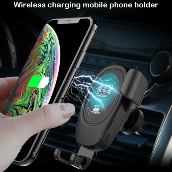 Trådløs Billader QI Mobiloplader med Mobilholder til Bil sort black