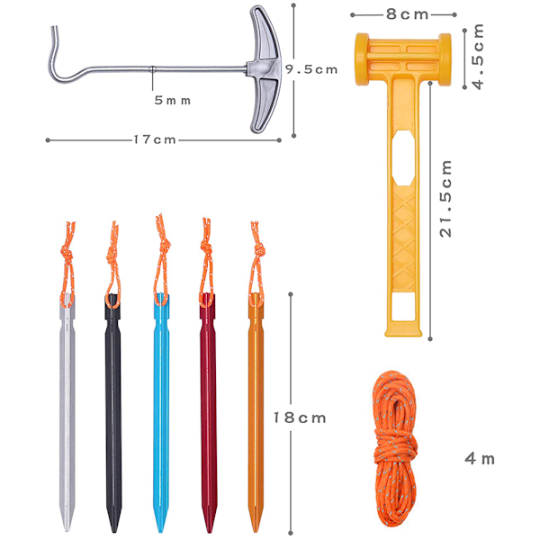 Campingteltpinne Slipte spiker Vindtett repsett med campingtelthammer for campingtelttak