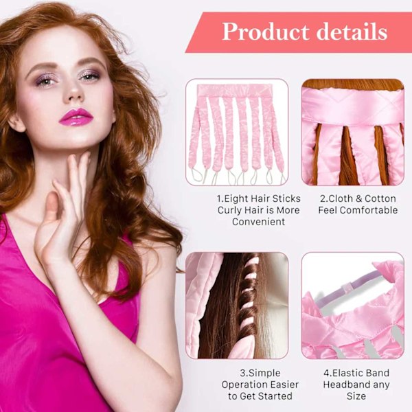 Varmefri Krølltang 8 Krøller - Krøllete Hår Uten Varme - Hair Curler rosa pink