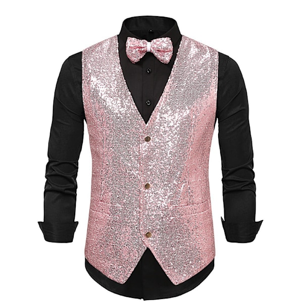 Herre Glitrende Pailletvest V-hals Regular Fit Festdragt Kostume Vest Butterfly 2 Dele pink pink M