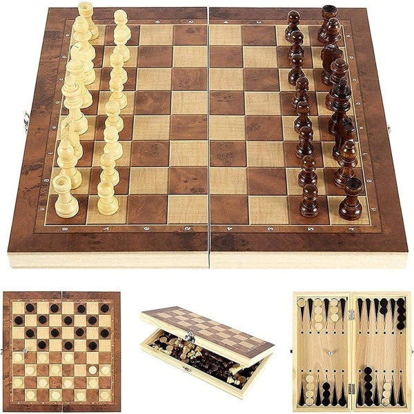 Vuxen schackset tre-i-ett hopfällbart bärbart schackbräde hopfällbart schackbräde i trä hopfällbara schackpjäser (storlek: 39*39cm)