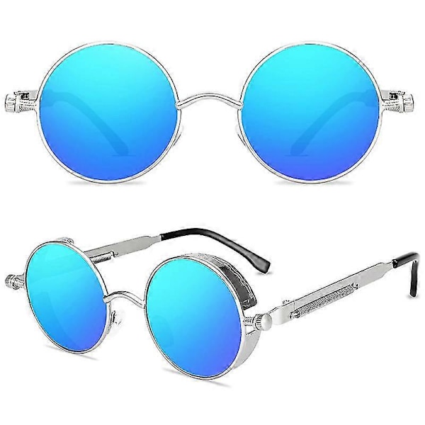 Vintage Polariserende Steampunk Runde Solbriller til Mænd, Stilfulde Db Silver Frame Ice Blue Lenses
