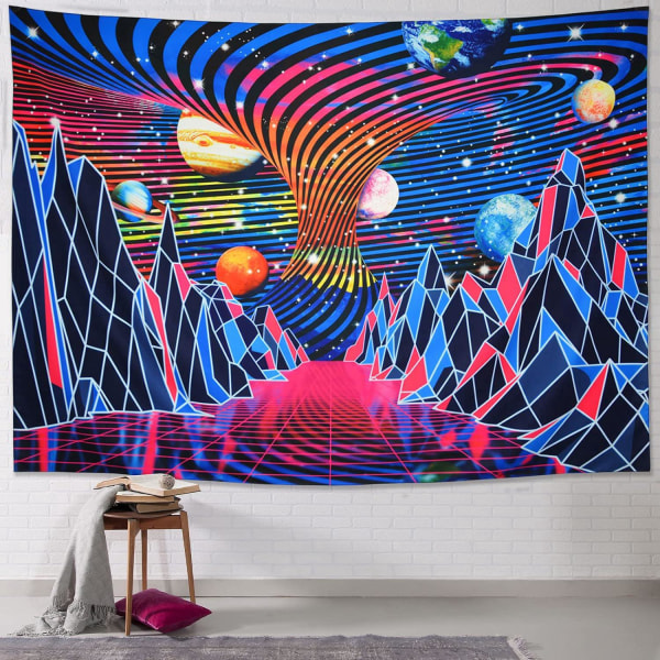 Blacklight Tapestry UV-reaktiv Tapestry Trippy Mountain and Planet Psykedelisk Tapestry Neon Tapestry Väggupphängning för sovrum