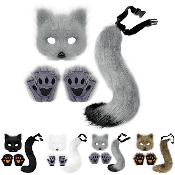 Furry Mask Susi Häntä ja Käpäläkäsineet Set Aikuisten Kissa Naamio Eläinjuhlat Ja Juhlava Hauska Grey