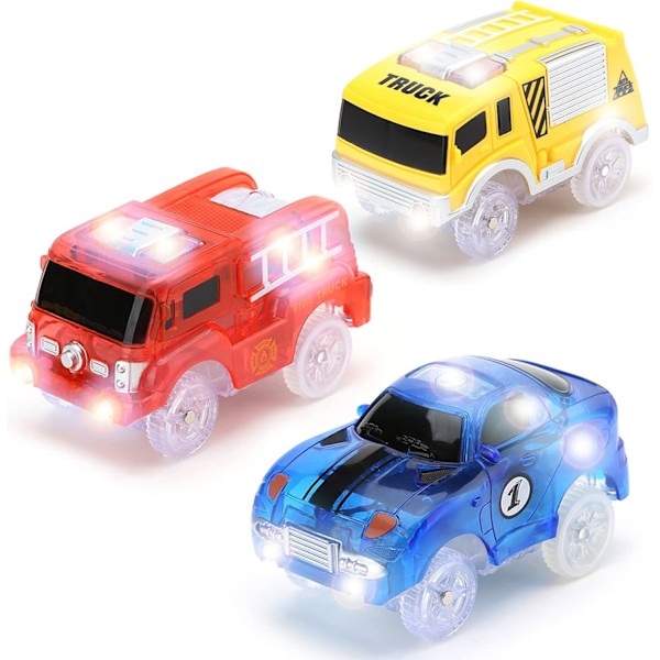 3 kpl maagisia rata-autoleluja lapsille, 5 LED-salamavaloa Förpackning 3