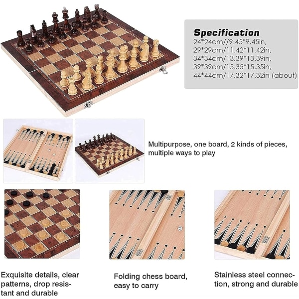 Voksen sjakksett tre-i-ett sammenleggbart bærbart sjakkbrett Sammenleggbart sjakkbrett i tre (Størrelse: 39*39cm)