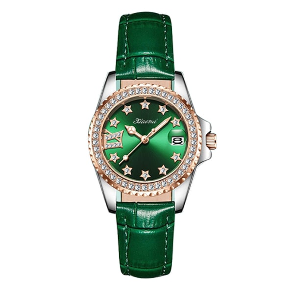Quartz watch diamant vatten spökbälte vattentätt enkel kalender dam liten grön watch watch grön +Sxi2