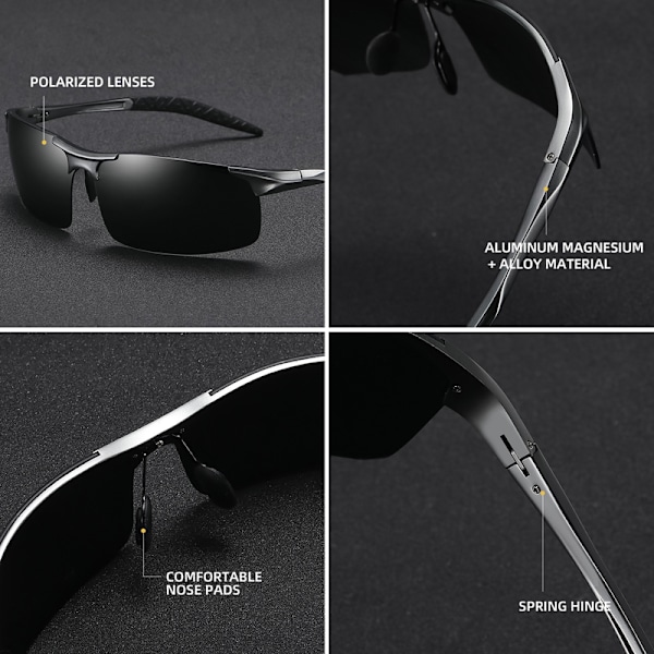 Herrar rektangulära solglasögon, polariserade sportglasögon, lätta solglasögon för körning, cykling, fiske, UV-skyddsljusskydd Silver frame black gray film