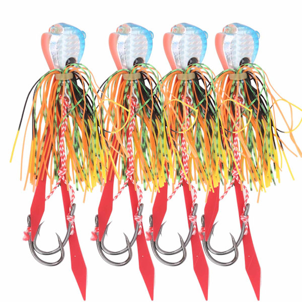 4Pcs 65g Fishing Artificial Baits Silicone Skirts Lures with Hook Fishing AccessoryBlue+Orange Head