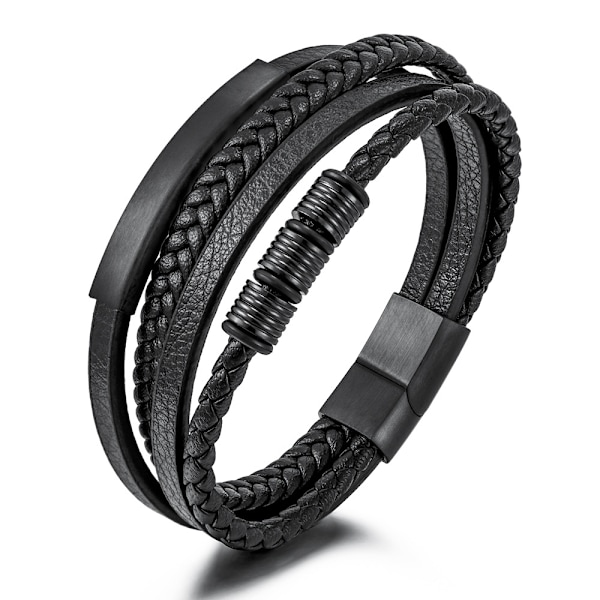 Punk Flerlagers vävt rostfritt stål Läderrep Armband 19 cm 19 cm