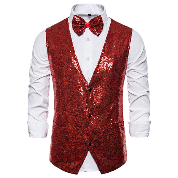 Menn Glitter Paljettvest V-hals Regular Fit Festantrekk Dress Vest Sløyfe 2 Deler rød red M