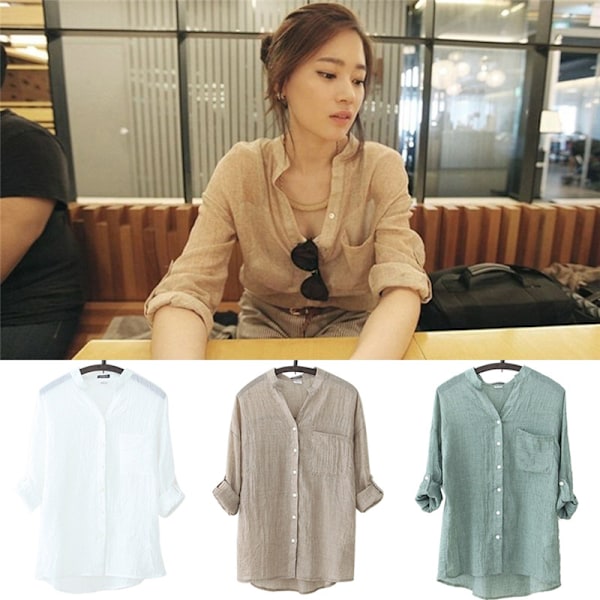 Kvinnor Höstöverdelar Linne Button Down Lös Casual Career Shirt L Green Green L