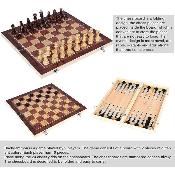 Voksen sjakksett tre-i-ett sammenleggbart bærbart sjakkbrett Sammenleggbart sjakkbrett i tre (Størrelse: 39*39cm)
