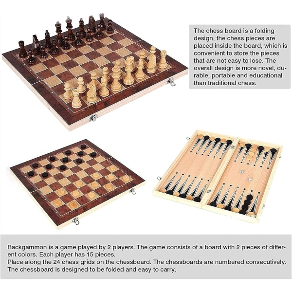 Voksenskaksæt 3-i-én foldbart bærbart skakbræt Foldeligt træskakbræt Foldeskakbrikker (størrelse: 39*39 cm)