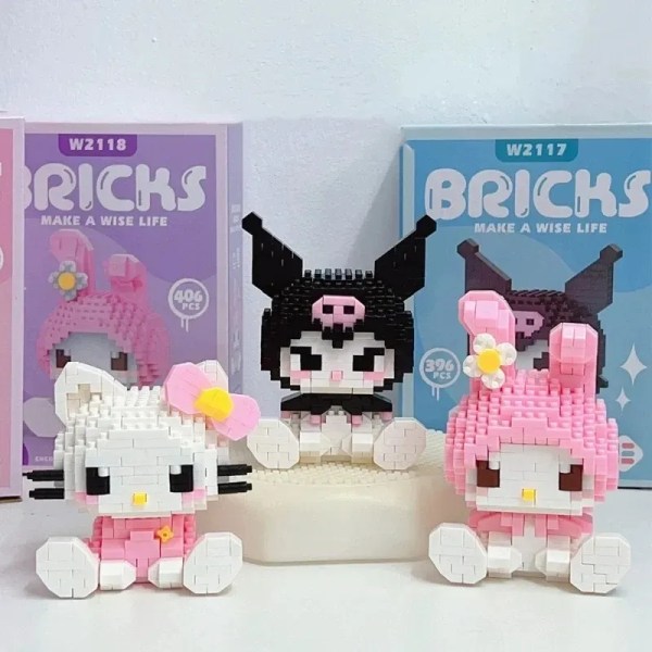 Byggkloss Sanrio Anime Figur Kuromi Monterade leksaker Dekorativ prydnad modell Min melodi Barnpussel Presenter respekteras Hello kitty with box