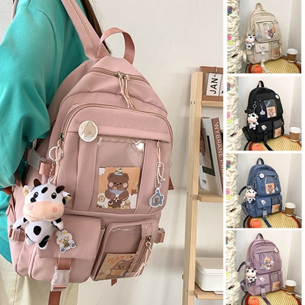 Ryggsekk med søte nåltilbehør, plysch-anheng, kawaii skole