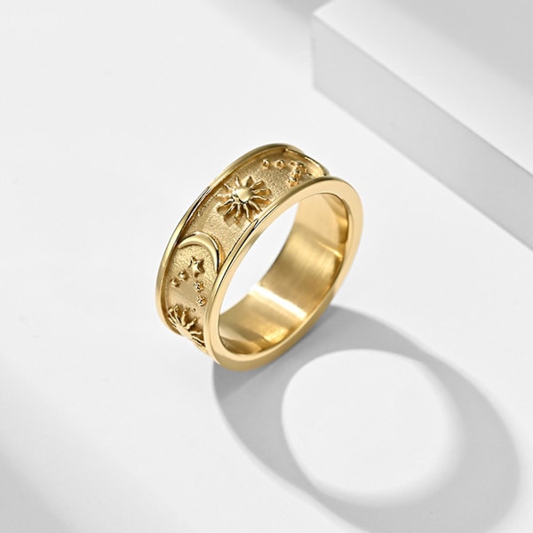 Unisex-sormus Tähti Kuu Aurinkokoriste Miehet Naiset Hieno Pyöreä Bohemian-sormus Häihin Musta ja Kulta Black and Gold US 11