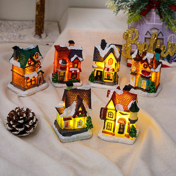 Juleharpikshusformet ornament,harpiksjulehus skrivebordspynt dekorasjon med led lys julepynt til hjemmekontor G