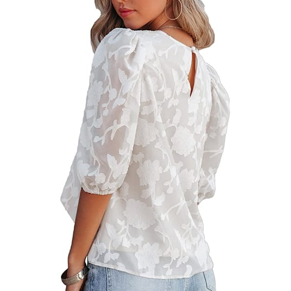 Bubble ærme chiffon løs top skjorte med blomstret tekstur (hvid) S