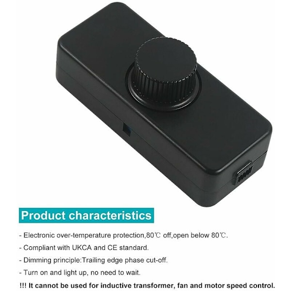 3-100W LED bagkant dimmer (roterende variator), bruges til dæmpbare LED, glødepære, halogenpære, 220-240V, ENTRUCTER CE, Sort