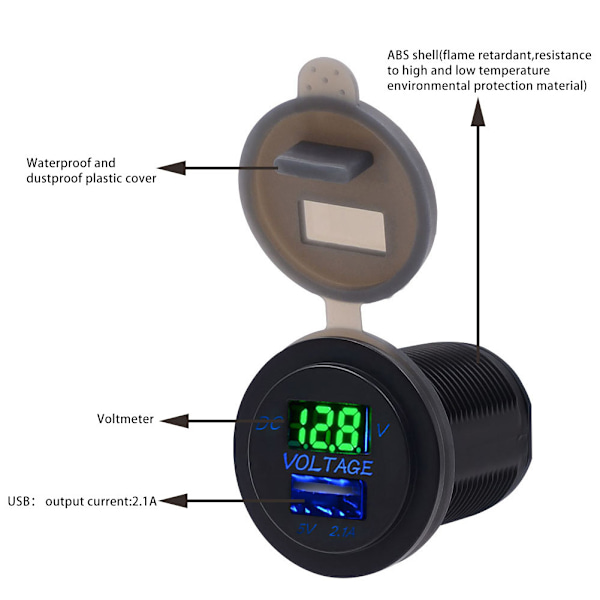 USB-portar Bil Laddare Spänningsdisplay Voltmeter Fordonseffekt IP66 Vattentät 2.1AGrön DC12-24V