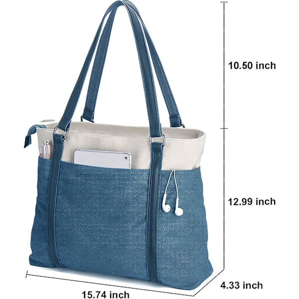 Verktygsväska Dam Laptop Tote Väska För Arbete Lättvikt Canvas med Sömmar 15,6 Tum Handväska