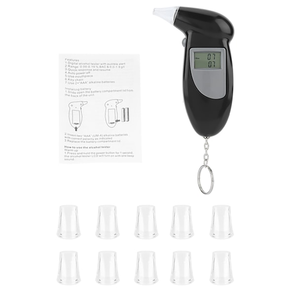 Digital LCD-skärm Alkohol Breath Tester Bärbar Nyckelring Breath Analyzer 10st Munstycke